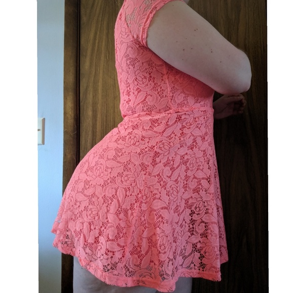 Vibrant Coral Lace Short Skater Dress - Picture 4 of 6